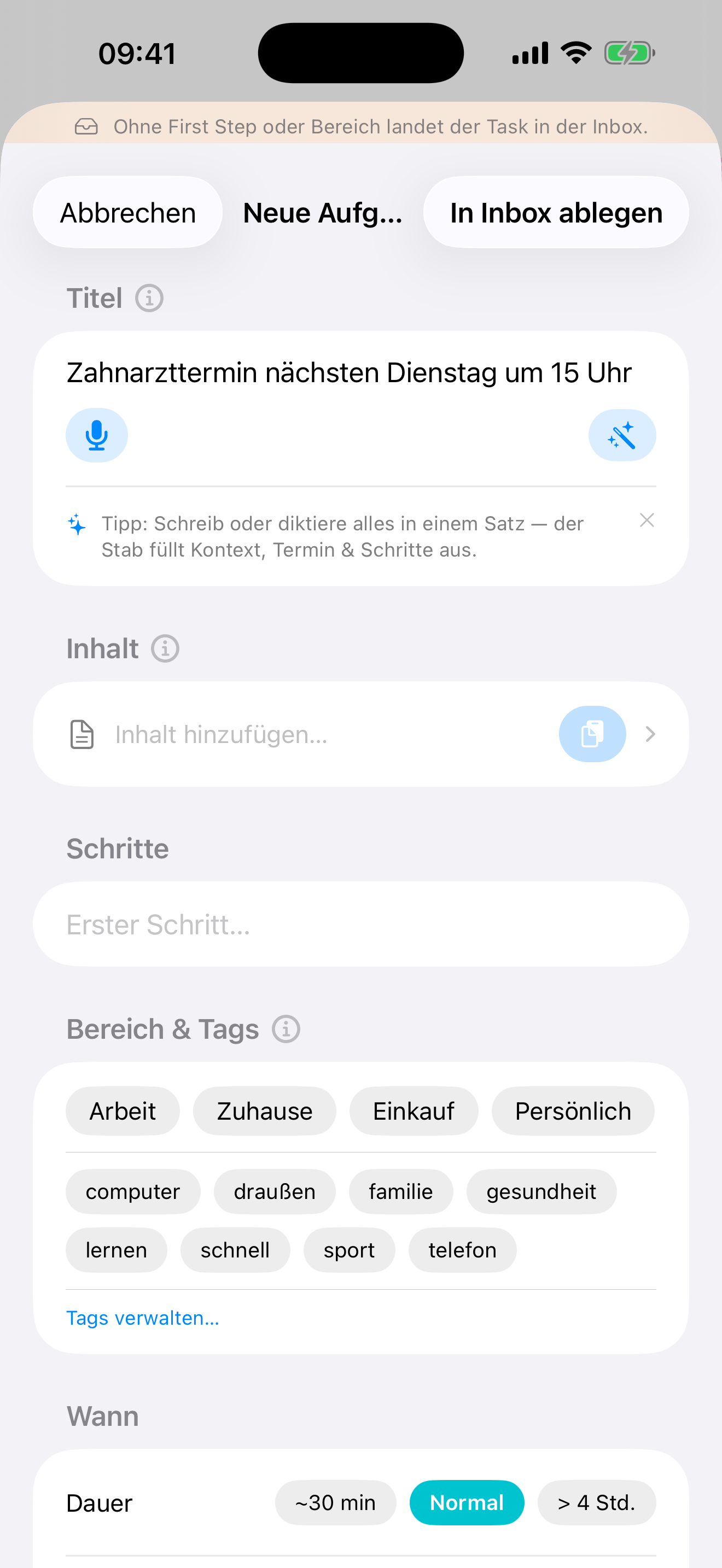 ILMENO Capture-Sheet mit AI-Erste-Schritt-Vorschlag.