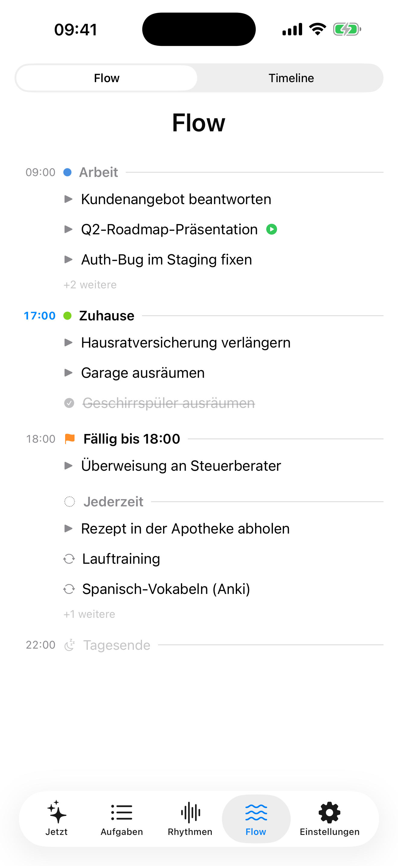 ILMENO Flow-Tab: der Tag als Anker-Sequenz mit Bereichs-Blöcken, Deadline und Jederzeit-Gruppe.