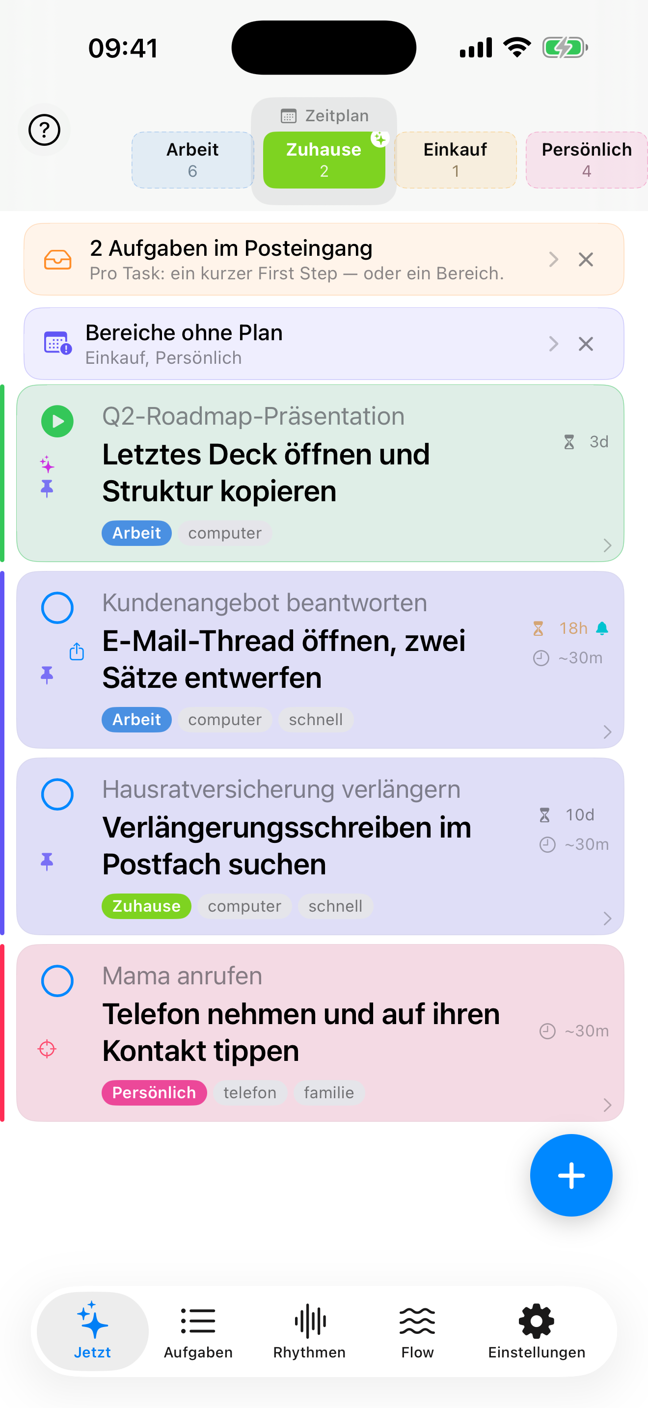 ILMENO Now-Tab: drei Aufgaben mit ihrem nächsten Schritt.