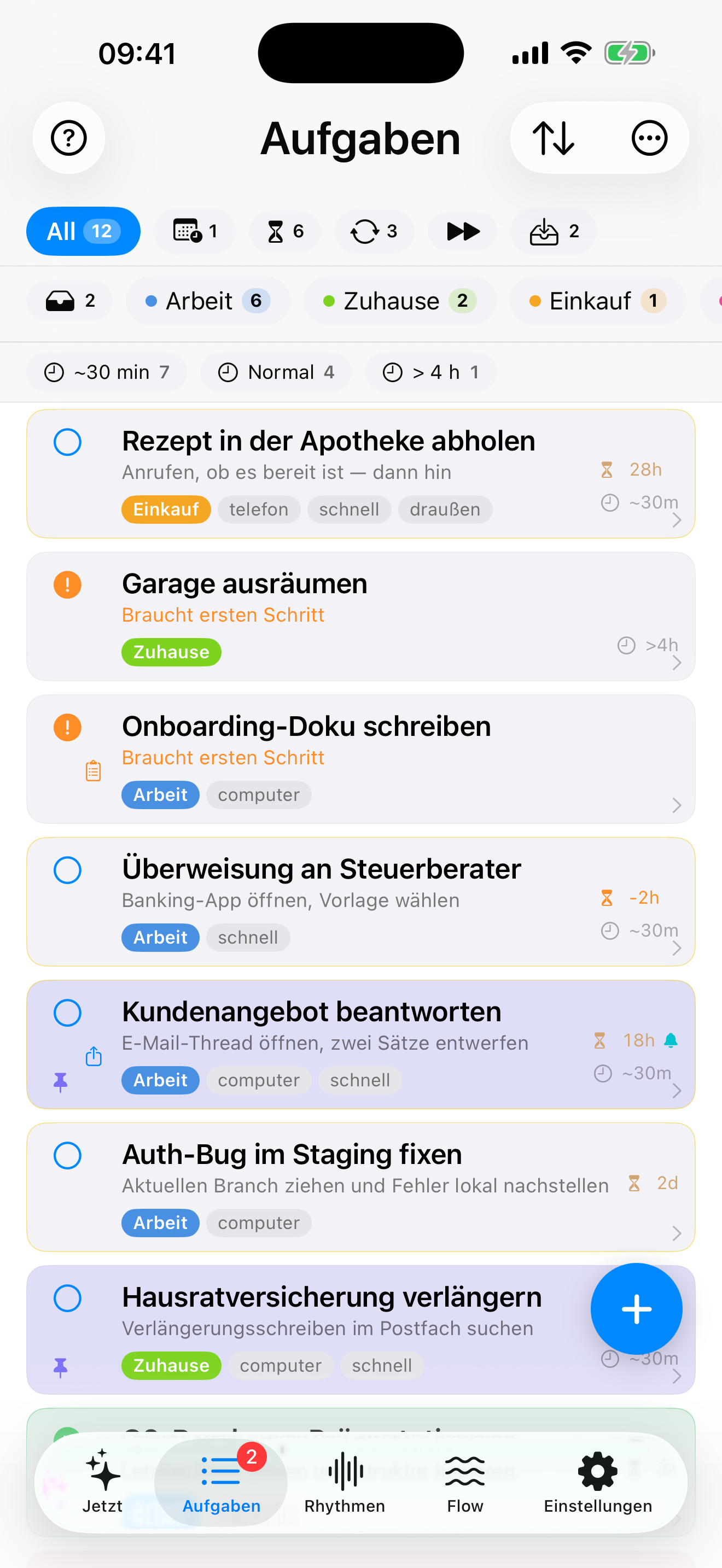 Aufgaben-Liste mit importierten Einträgen